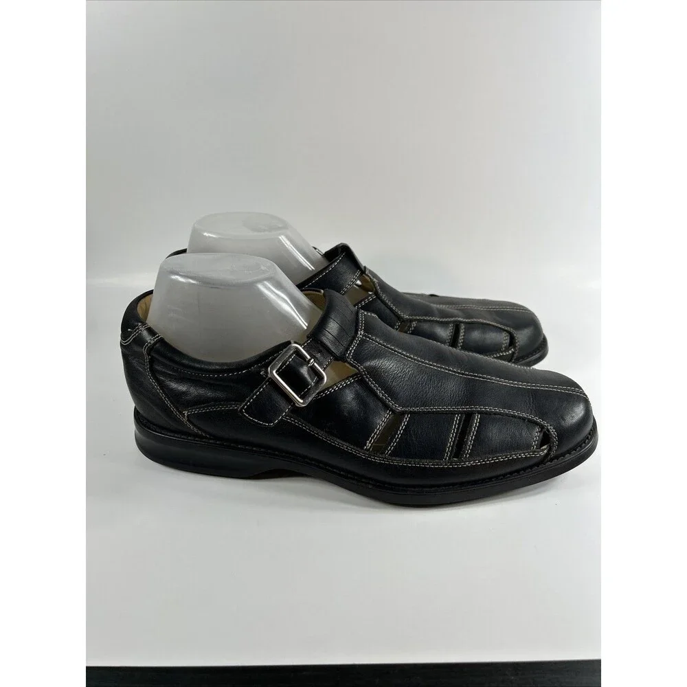 Johnston & Murphy Mens Sandals Size 10.5 Black Shoes Sheepskin Adjustable Strap